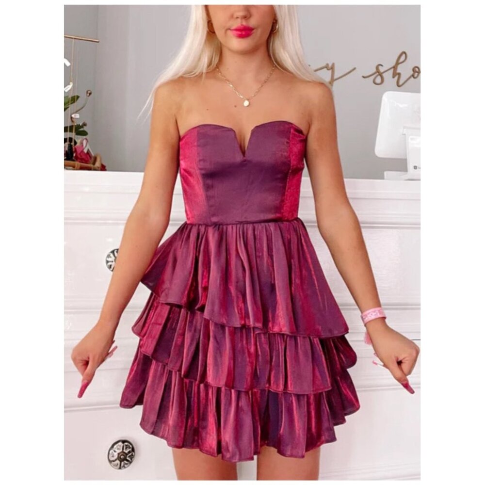 NWT Berry Strapless Ruffle Pleated Mini Dress Do+Be S Flouncy Fit (bin KK134)